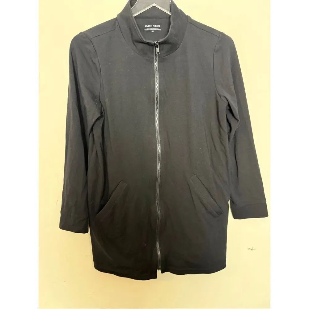 Eileen Fisher Black Zip Front Jacket Organic Cotton Stretch Womens Small Minimal